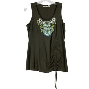 NWOT ATHLETA Top M Olive Green Lime Blue Embroidery Ruch-Bow-Adjust-String Cotto